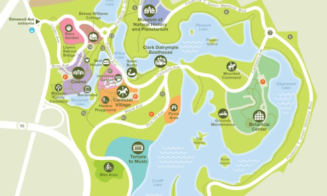 Map of Roger Williams Park with attractions like the Zoo, Museum, and Botanical Center. Includes ponds, walking paths, and parking areas.