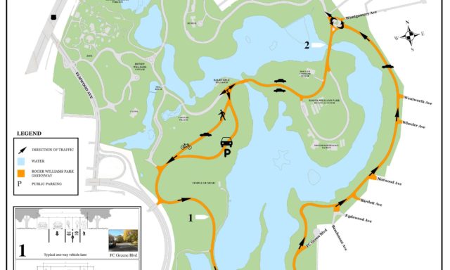 City of Providence Roger Williams Park Greenway map showing paths, traffic directions, and parking. Prepared by Providence Parks Department, May 2017.