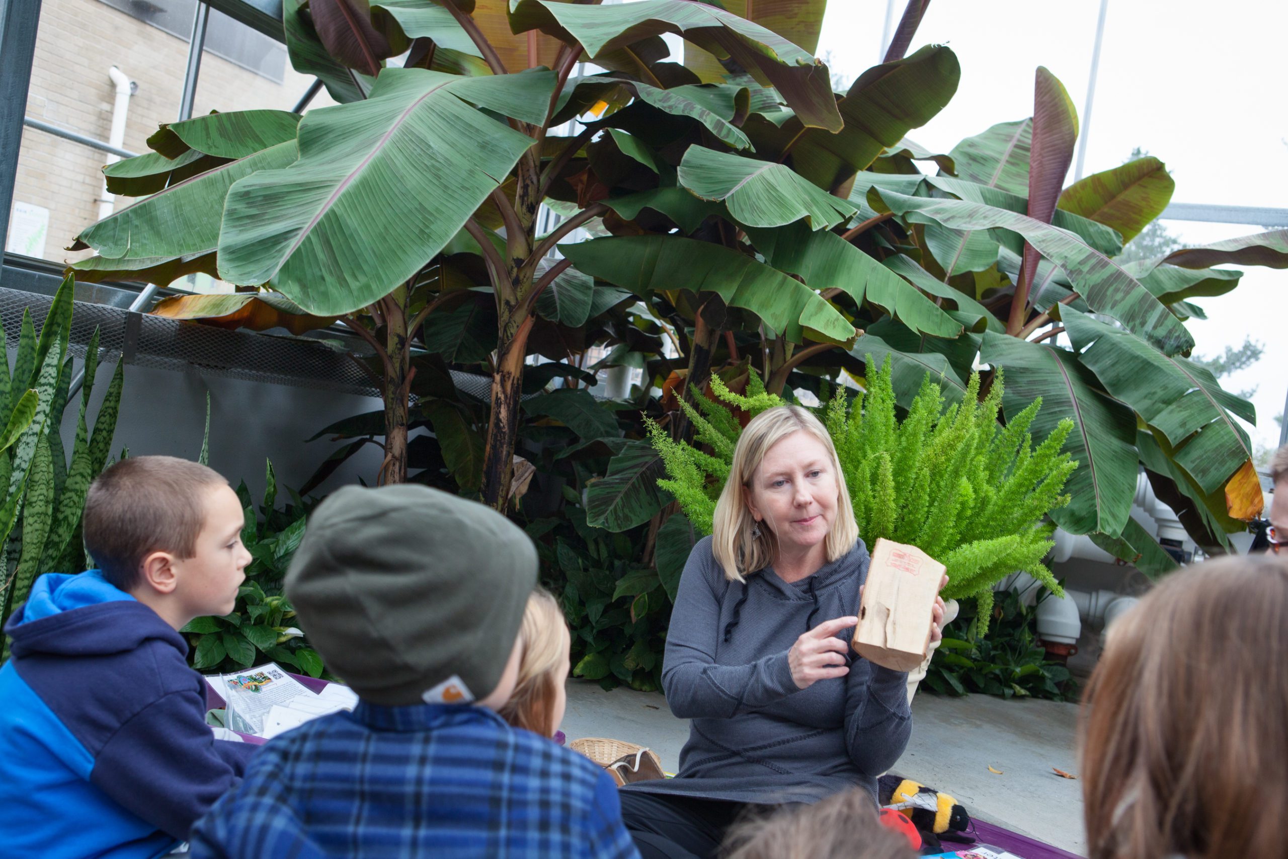 A woman sits with children in a greenhouse, holding a wooden block. Large green plants are in the background.