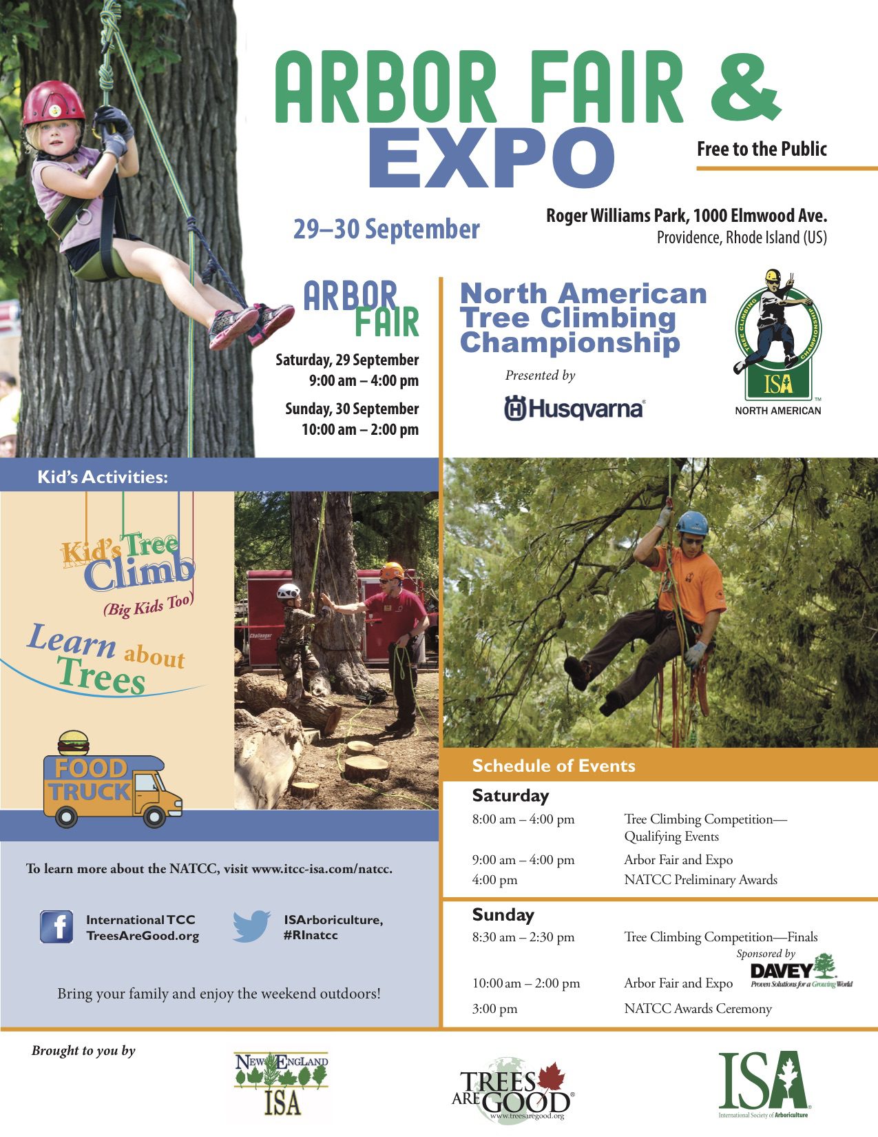 Arbor Fair & Expo flyer for 29-30 September at Roger Williams Park, Providence, RI. Features North American Tree Climbing Championship by Husqvarna. Includes schedule, kids' activities, and food trucks. Hosted by ISA and New England ISA.