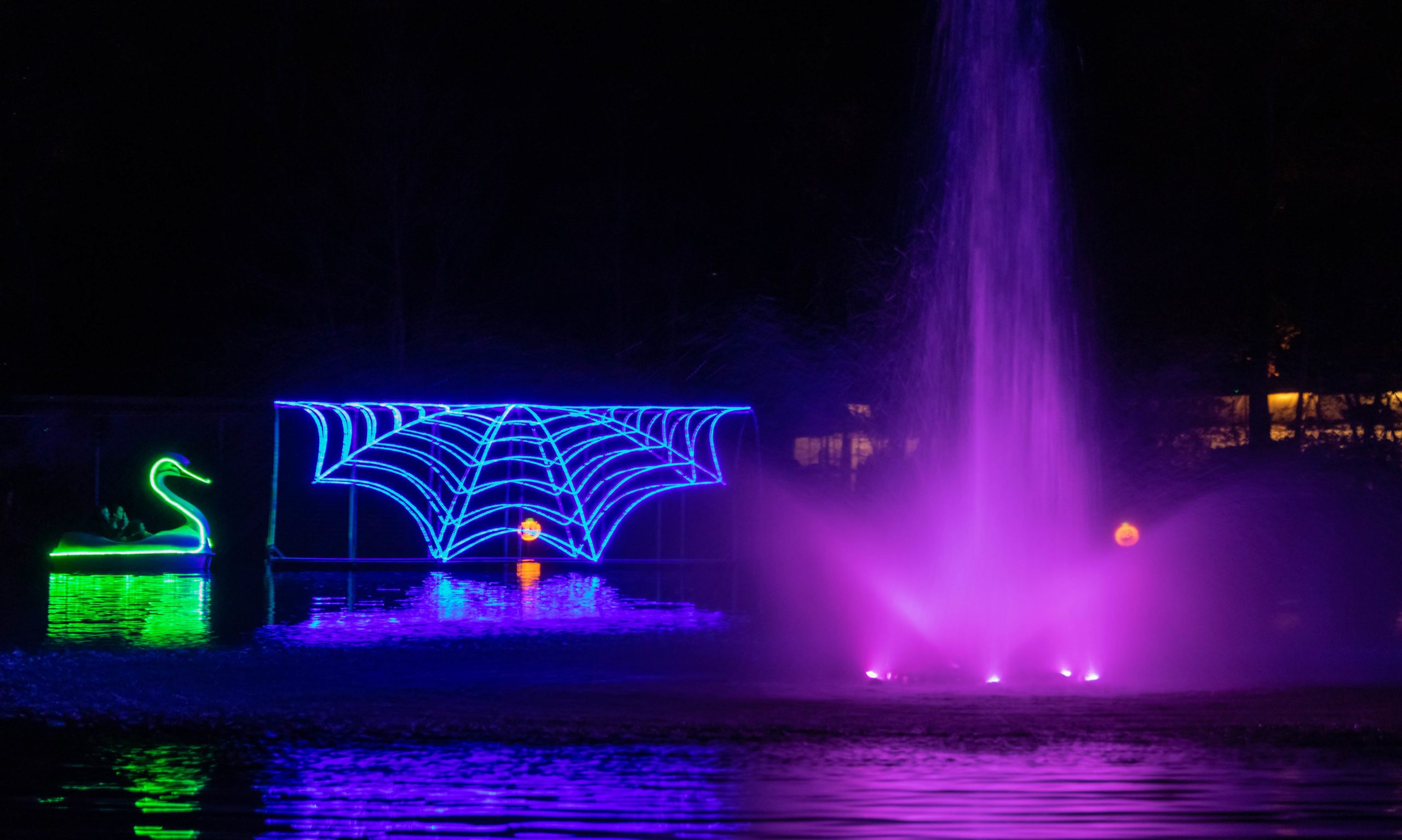 A glowing green swan and a neon blue spider web are illuminated over water. A purple-lit fountain is on the right.