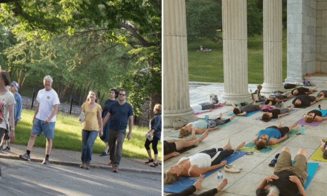 People walking in a park under trees and a group doing yoga on mats at a columned outdoor space.