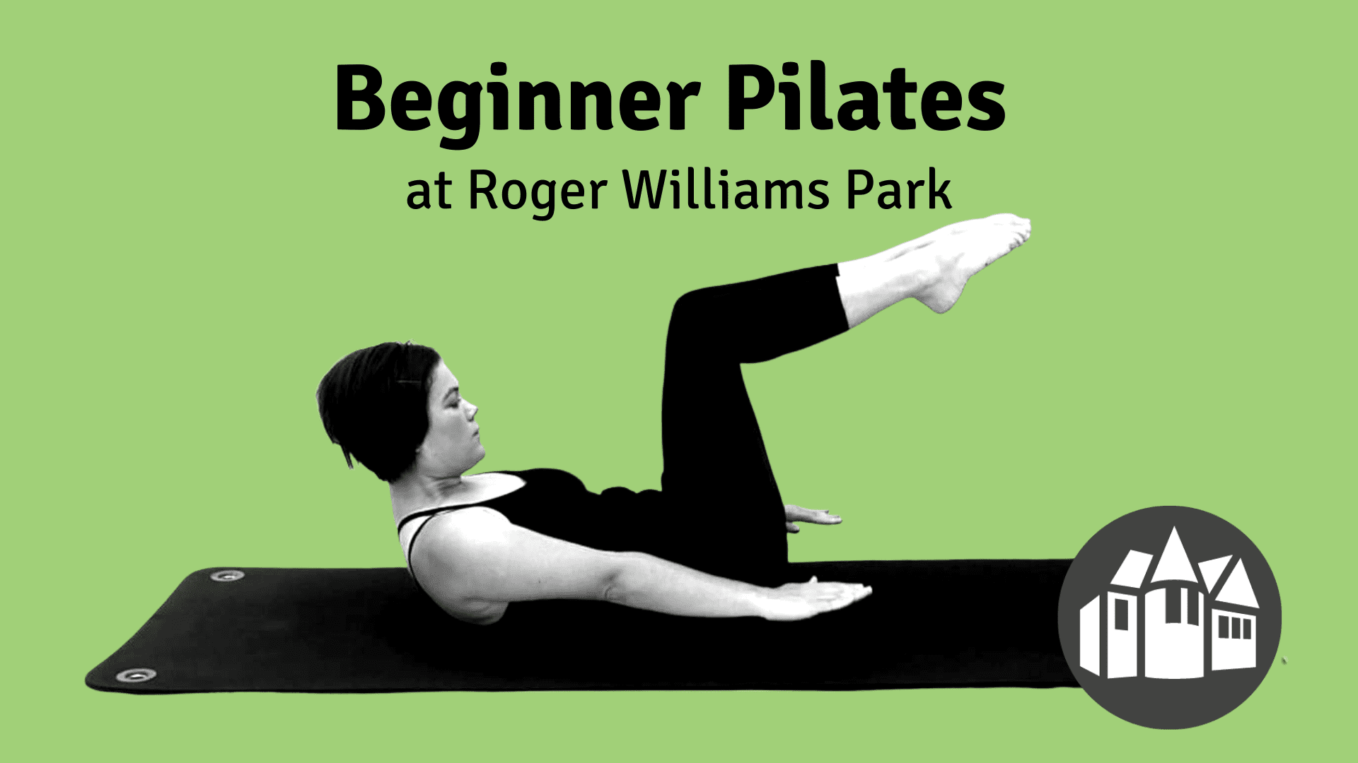 "Beginner Pilates at Roger Williams Park" text with a person doing Pilates on a mat, set against a green background.