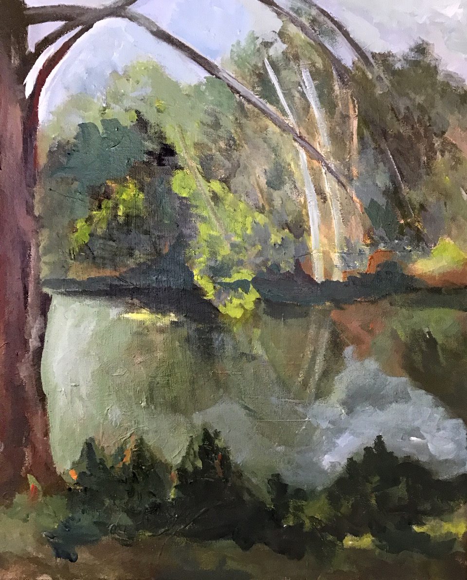 Painting of a serene lake surrounded by lush trees, with reflections on the water, titled "Pleasure Lake" by Quinn.