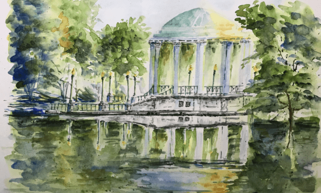 Watercolor painting of a bandstand with a domed roof surrounded by trees, reflected in water. Signed "Rosario" at the bottom.