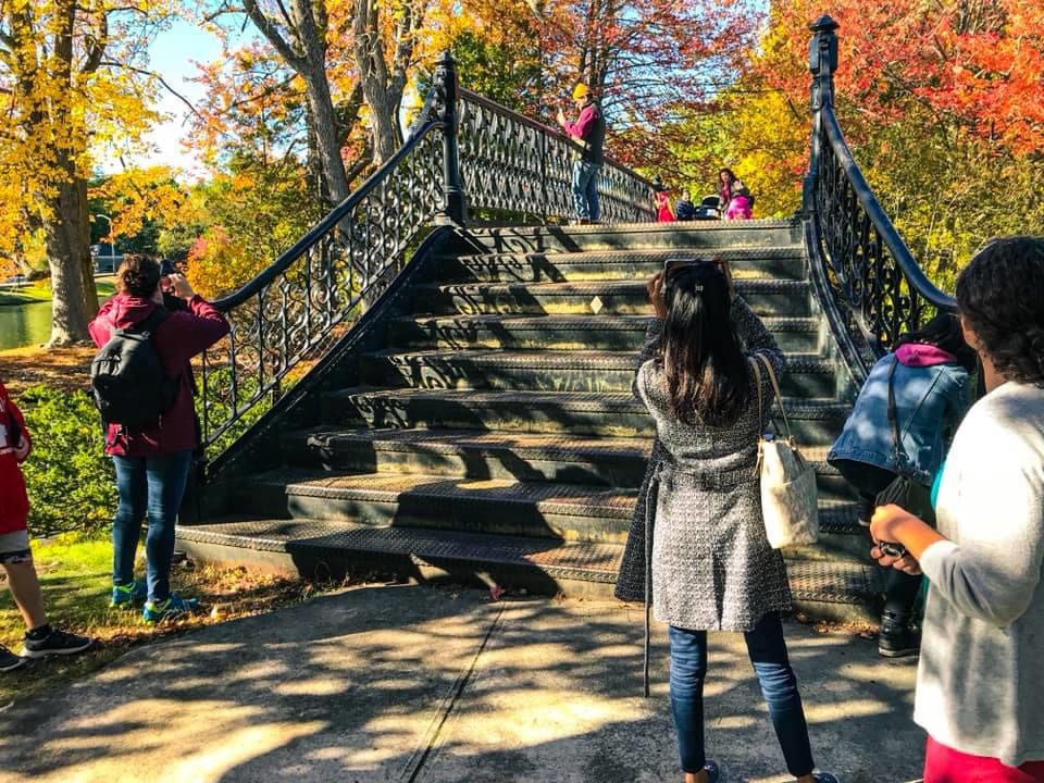 People taking photos of a scenic iron bridge surrounded by vibrant autumn trees in a park.