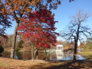 Autumn trees with vibrant red and orange leaves surround a serene lake, reflecting a white gazebo under a clear blue sky.