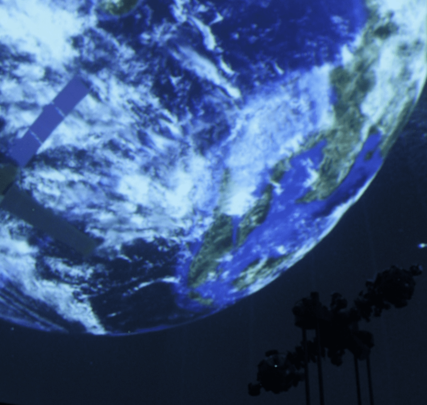 A view of Earth from space, featuring cloud formations and landmasses, with a silhouette of trees in the foreground.