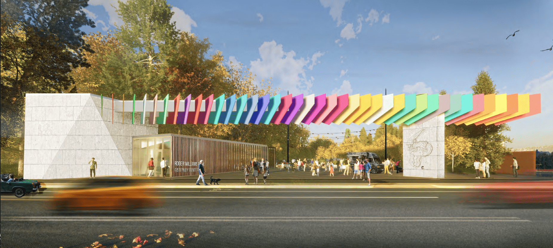 Colorful entrance to Roger Williams Gateway Center with people walking, cars passing, and trees in the background.