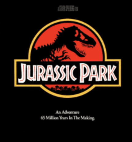 The "Jurassic Park" logo features a red and black dinosaur silhouette. Below, it reads: "An Adventure 65 Million Years In The Making."
