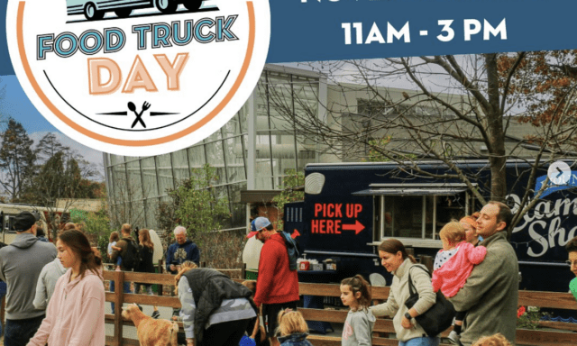 Roger Williams Park Zoo Food Truck Day poster for November 13th, 11 AM-3 PM. Families and children explore near food trucks.