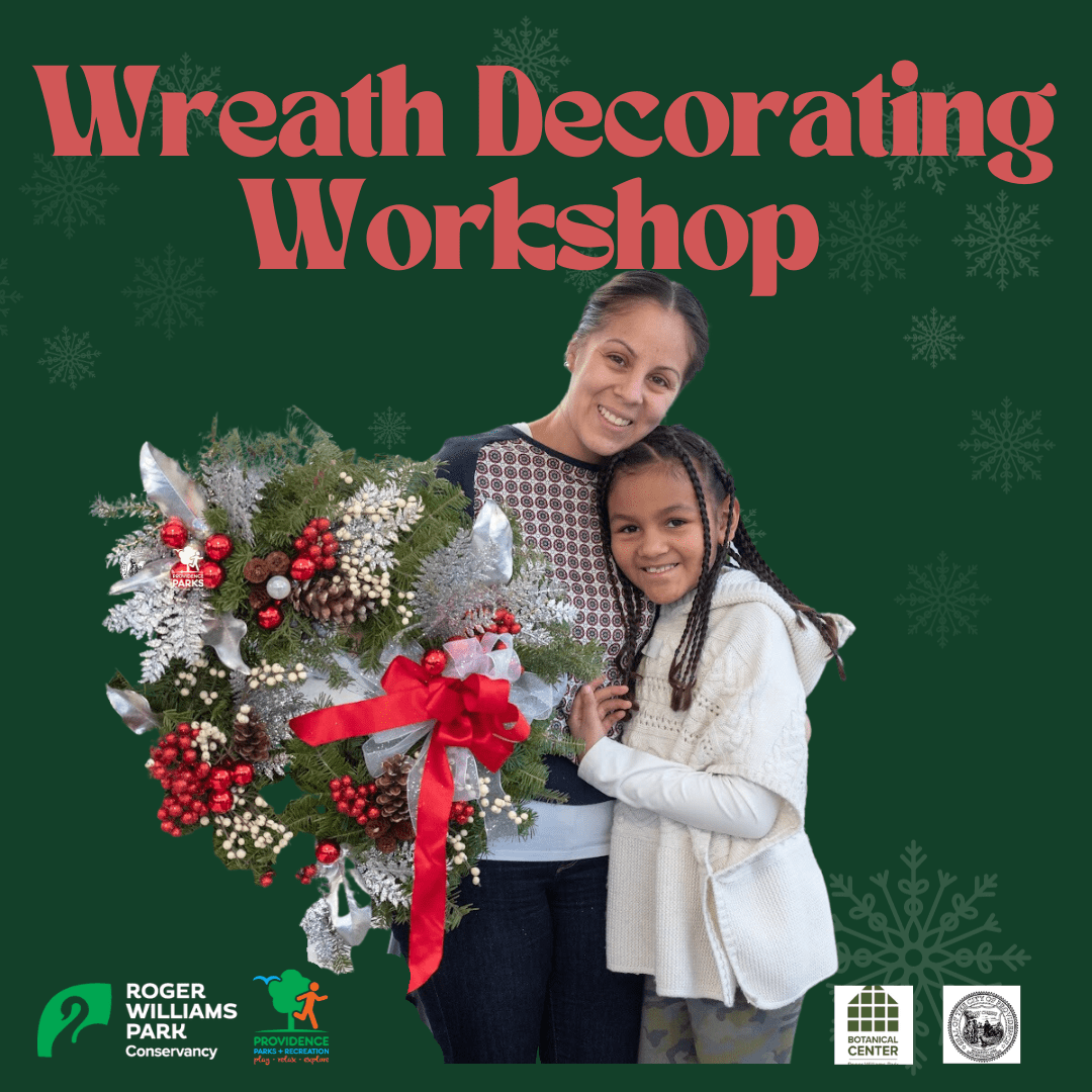 Two people hold a festive wreath at the "Wreath Decorating Workshop" by Roger Williams Park Conservancy. Snowflakes on the green background.