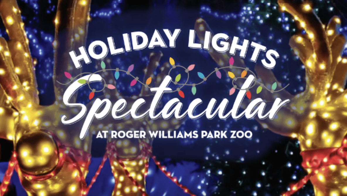 "Holiday Lights Spectacular at Roger Williams Park Zoo" text with festive lights and decorated trees in the background.