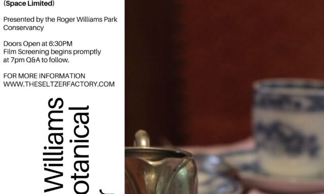 Event poster for "The Seltzer Factory" at Roger Williams Park Botanical Center, Providence, RI, on January 16, 2024, at 7:00 p.m. Free registration required. Doors open at 6:30 p.m., with a film screening at 7:00 p.m., followed by a Q&A. More info at www.theseltzerfactory.com. Presented by Roger Williams Park Conservancy. Logos include Providence Tourism Council and 102.1 FM Poder.