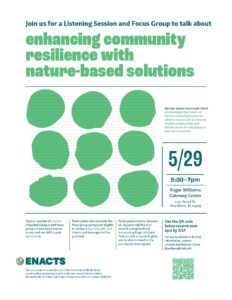 Flyer for a Listening Session and Focus Group on "Enhancing Community Resilience with Nature-Based Solutions" on 5/29, 5:30–7pm at Roger Williams Gateway Center, Providence, RI. Participants aged 18-89 can attend. Snacks and a $40 Visa gift card for survey completion. Contact Johanna Barthmaier-Payne at jbarthma@risd.edu. QR code for reservation by 5/27. Hosted by ENACTS, University of Rhode Island, funded by the U.S. National Science Foundation.