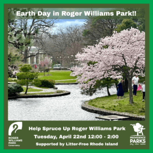 Earth Day event at Roger Williams Park with blooming cherry blossoms and a family by the water. Join on April 22nd, 12:00-2:00 PM. Supported by Litter-Free Rhode Island.