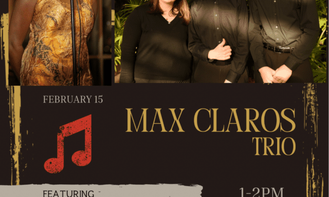 Grace Darko sings into a microphone, accompanied by three musicians in a botanical garden setting.