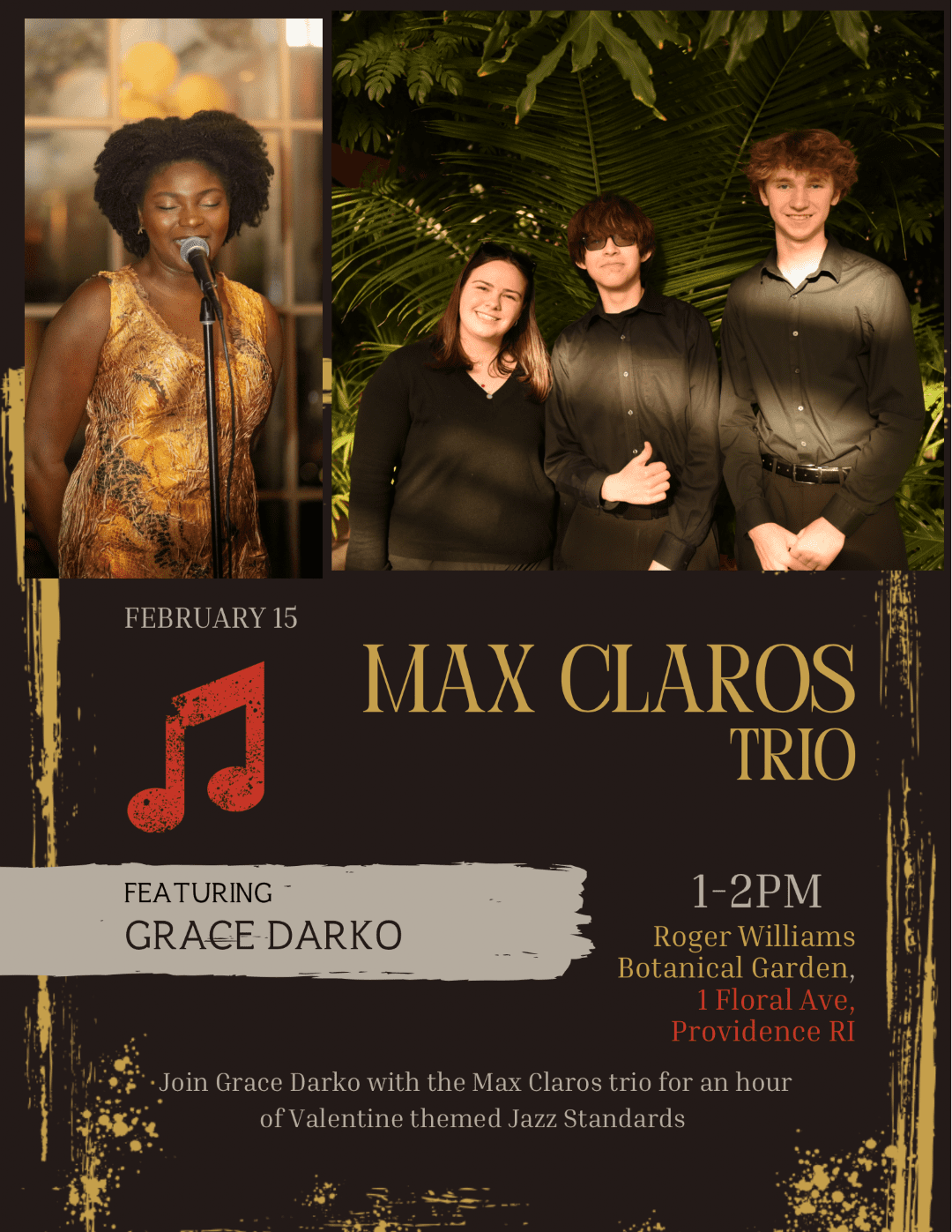 Grace Darko sings into a microphone, accompanied by three musicians in a botanical garden setting.