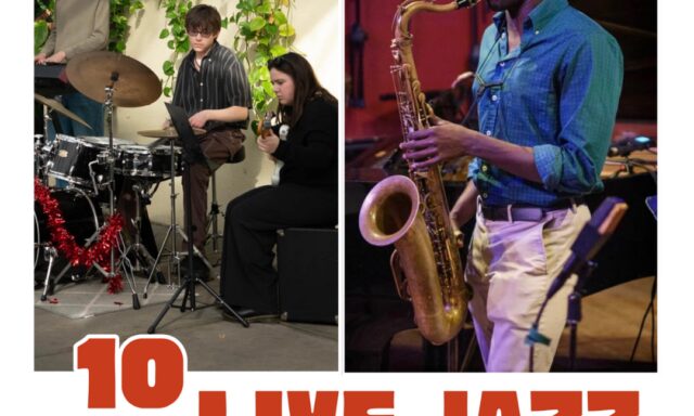 Max Claros Trio performs live jazz with saxophonist Noah Campbell at Roger Williams Botanical Garden.