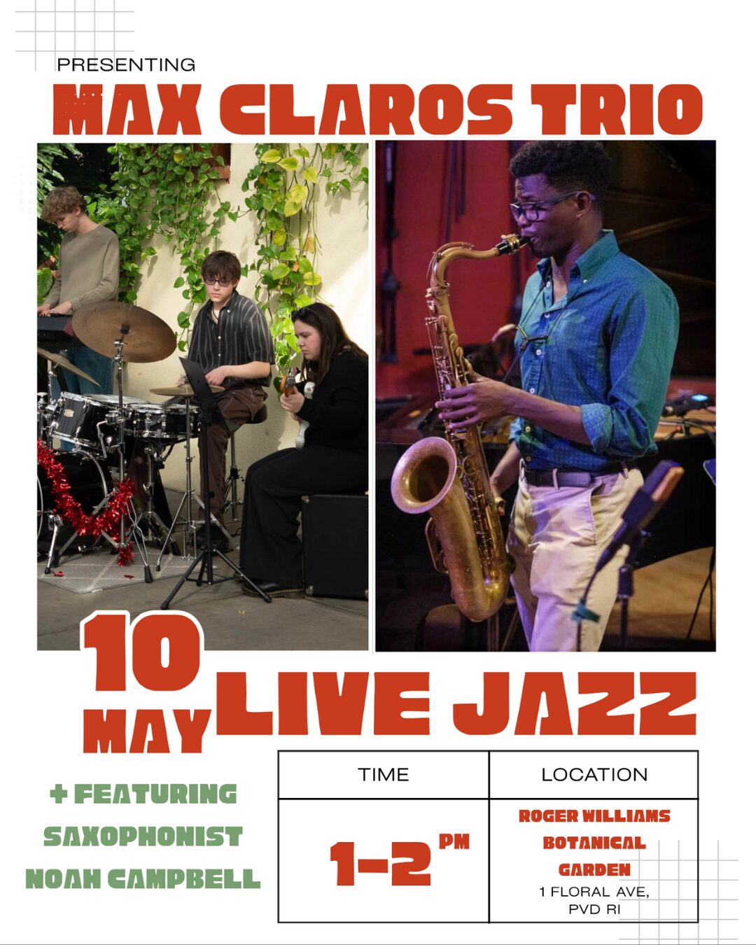 Max Claros Trio performs live jazz with saxophonist Noah Campbell at Roger Williams Botanical Garden.