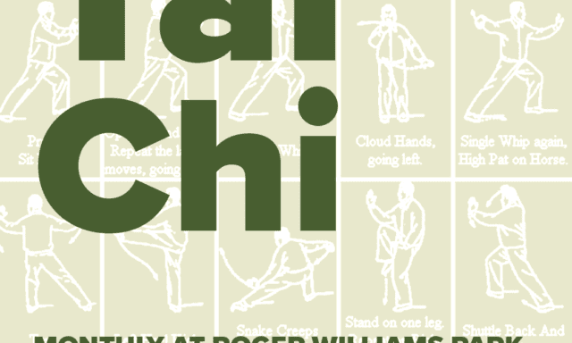 Tai Chi class schedule at Roger Williams Park Botanical Center, featuring various Tai Chi poses and movements.
