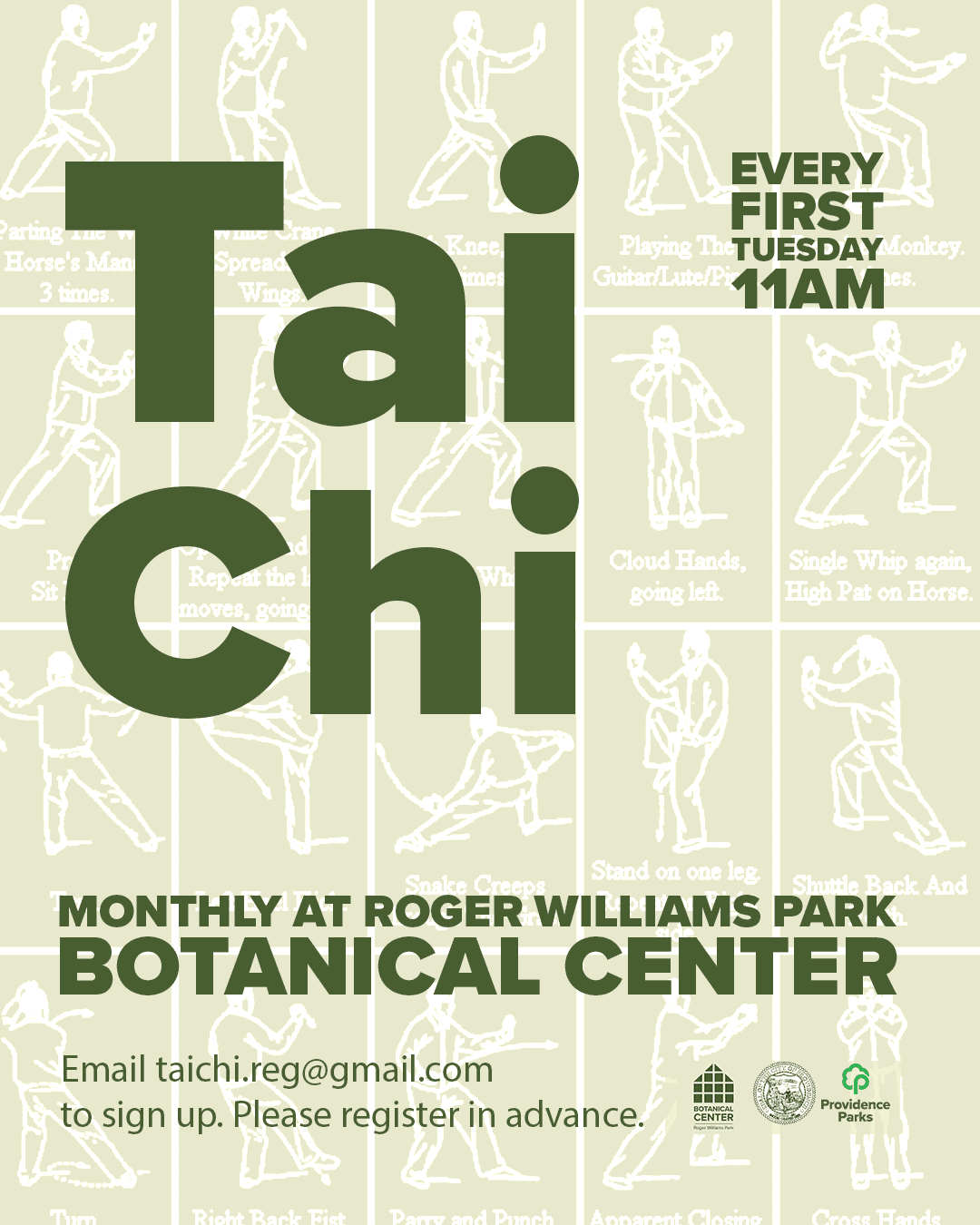 Tai Chi class schedule at Roger Williams Park Botanical Center, featuring various Tai Chi poses and movements.