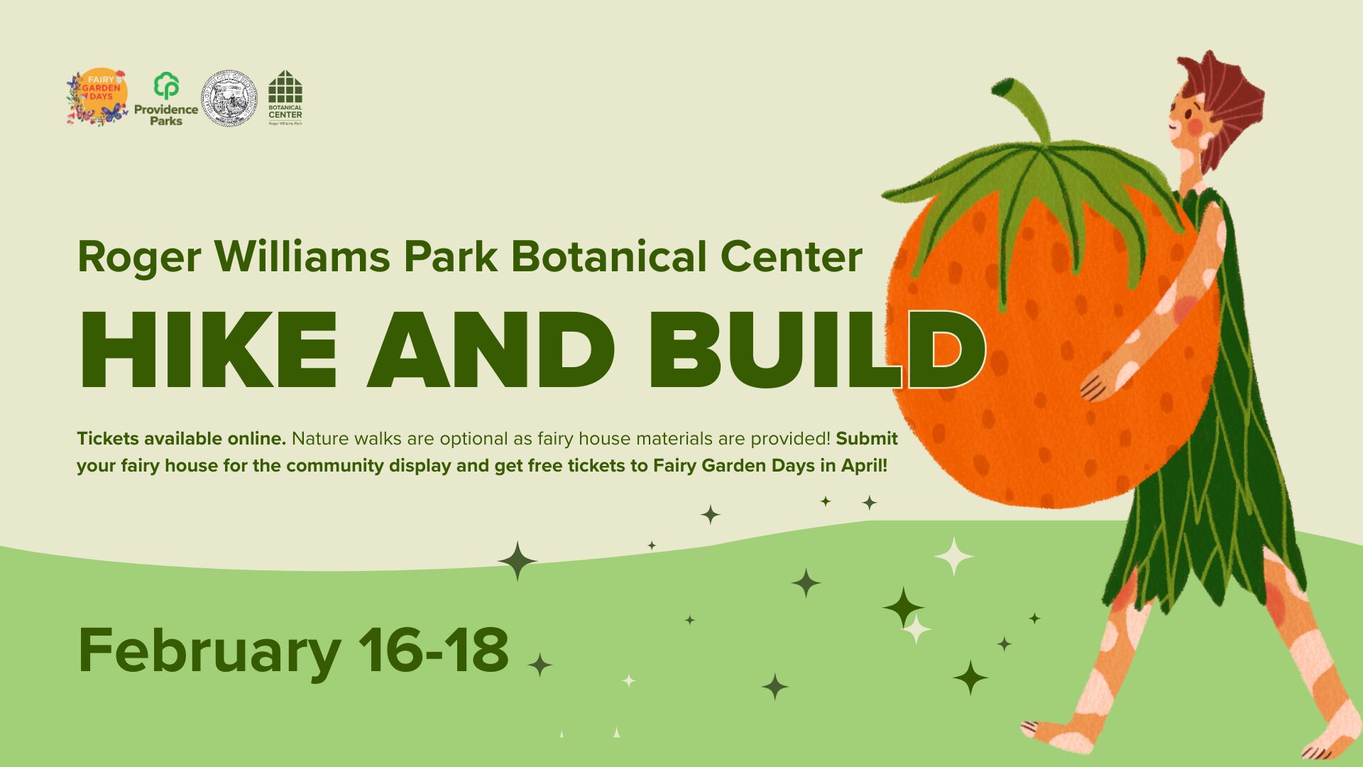 A person carries a large orange while promoting a hiking and building event at Roger Williams Park Botanical Center.