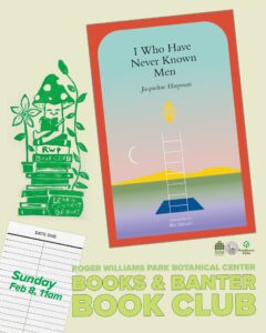 Book club poster featuring "I Who Have Never Known Men" by Jacqueline Harpman, event details, and decorative elements.