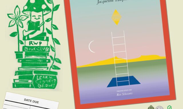 Book club poster featuring "I Who Have Never Known Men" by Jacqueline Harpman, event details, and decorative elements.