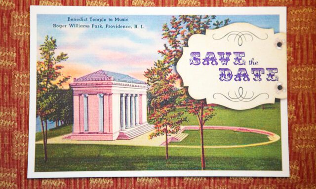 A vintage postcard featuring the Benedict Temple to Music with "Save the Date" text.