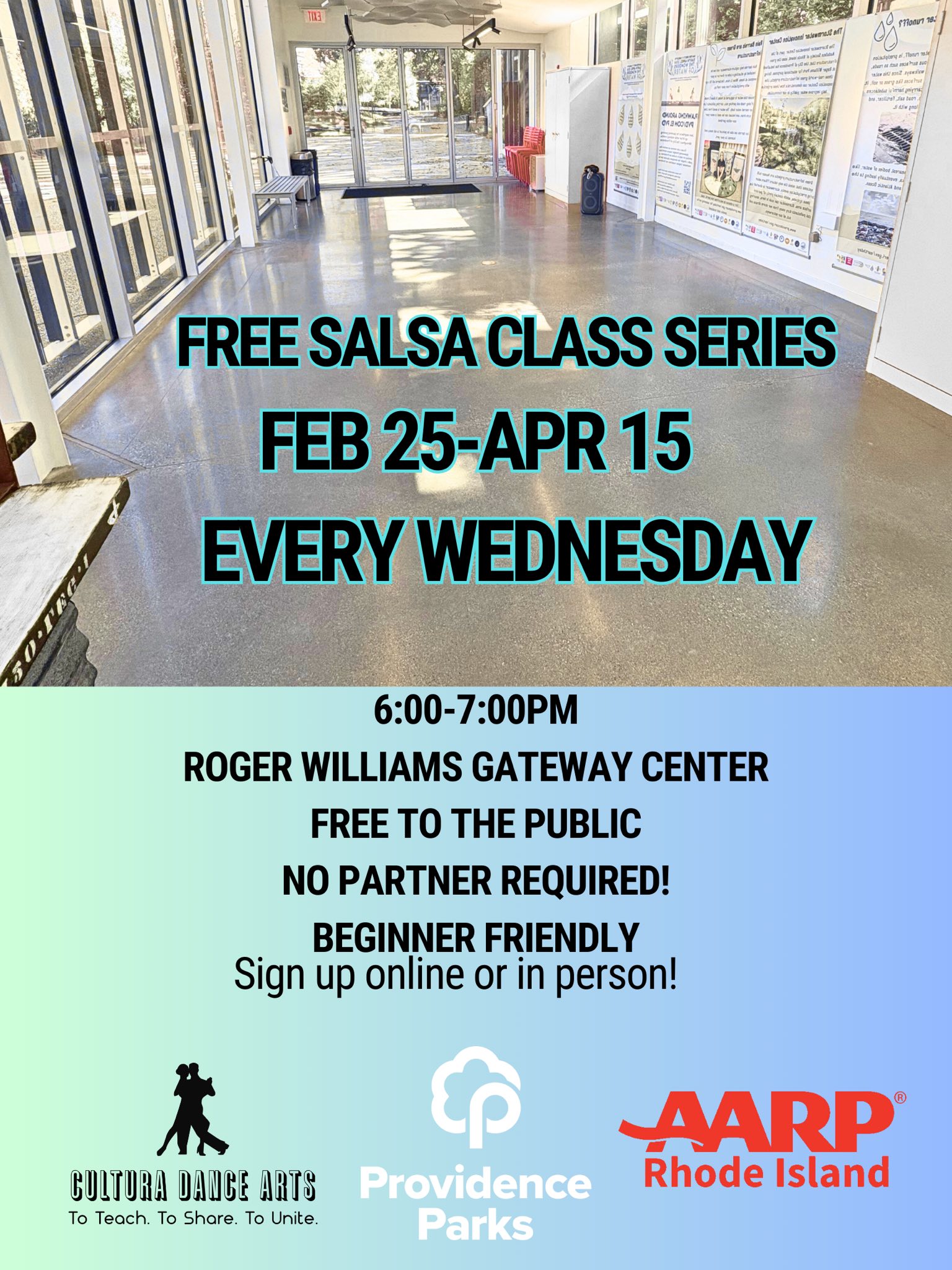 Promotional poster for free salsa classes at Roger Williams Gateway Center, highlighting dates and details.