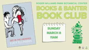 Book club announcement featuring "Dot in the Universe" by Lucy Ellmann. Event details: Sunday, March 8, 11 AM.