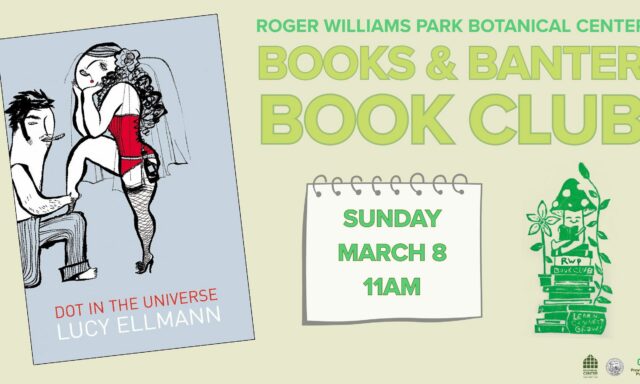 Book club announcement featuring "Dot in the Universe" by Lucy Ellmann. Event details: Sunday, March 8, 11 AM.