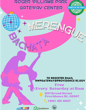 Dance event poster featuring "Merengue" and "Bachata" classes at Roger Williams Park Gateway Center. Details on registration and location in