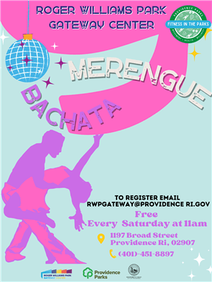 Dance event poster featuring "Merengue" and "Bachata" classes at Roger Williams Park Gateway Center. Details on registration and location in