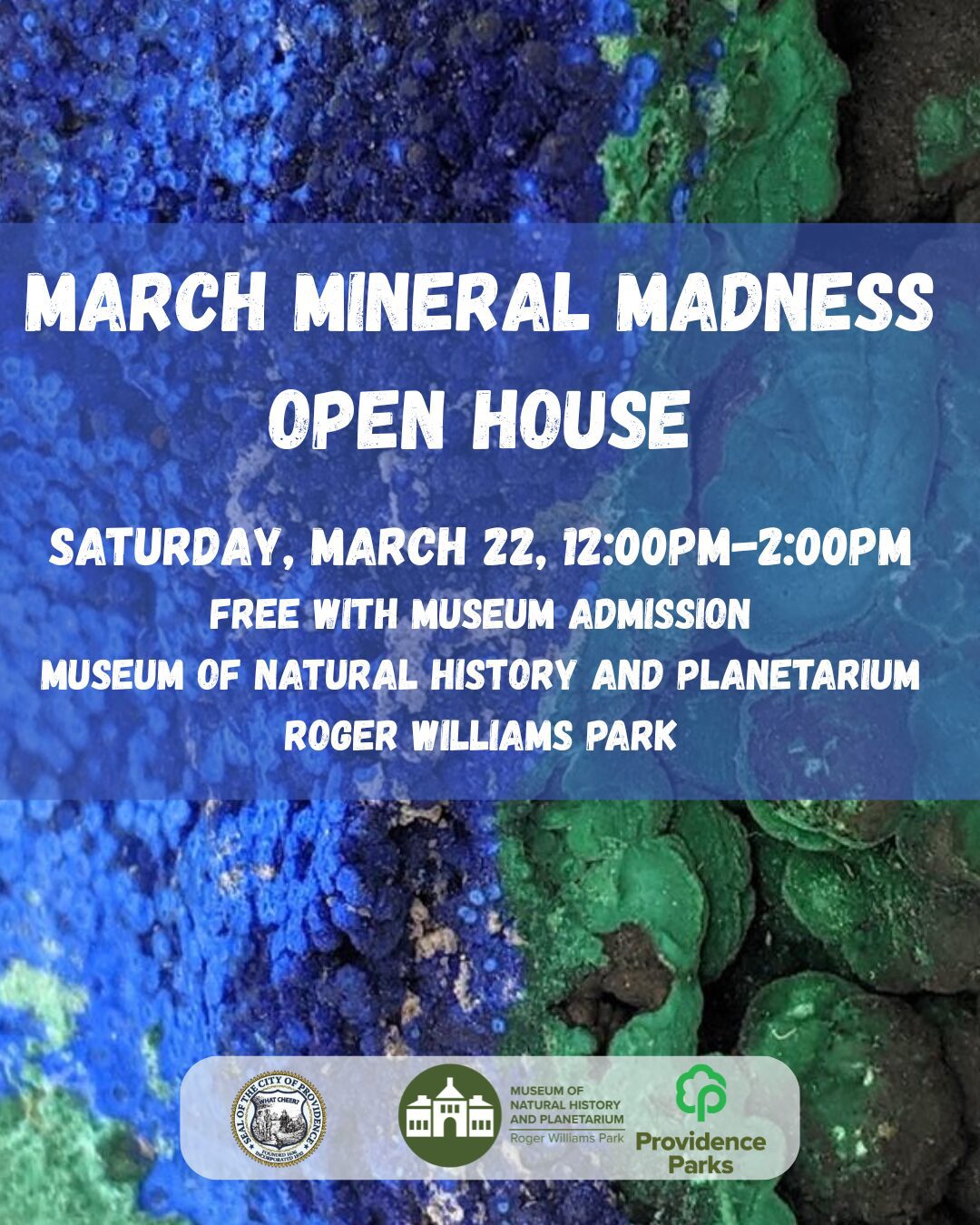 Colorful mineral textures in blue and green promote the March Mineral Madness Open House event.
