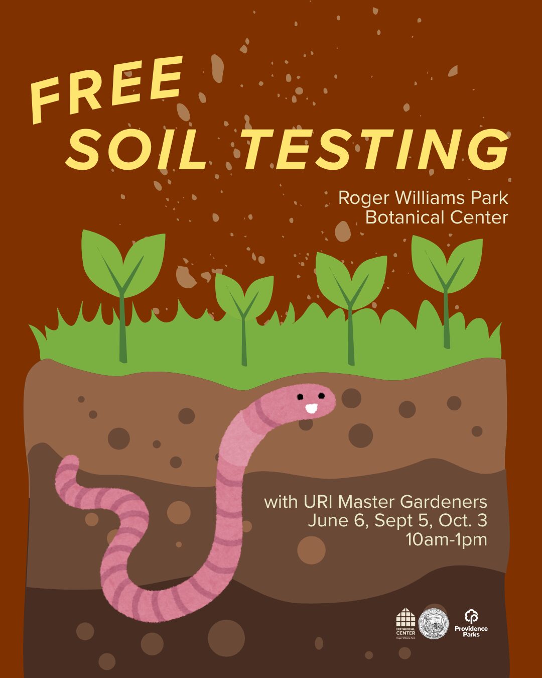 Promotional graphic for free soil testing at Roger Williams Park, featuring a cartoon worm and green plants.