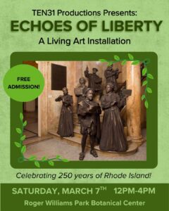 Bronze sculptures depict historical figures in a gallery setting, promoting a living art installation event.