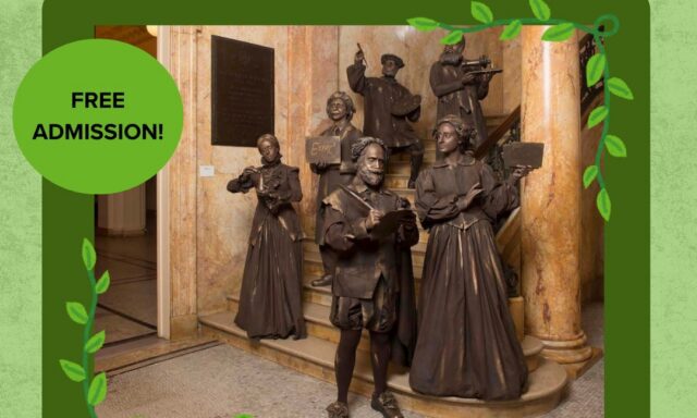 Bronze sculptures depict historical figures in a gallery setting, promoting a living art installation event.