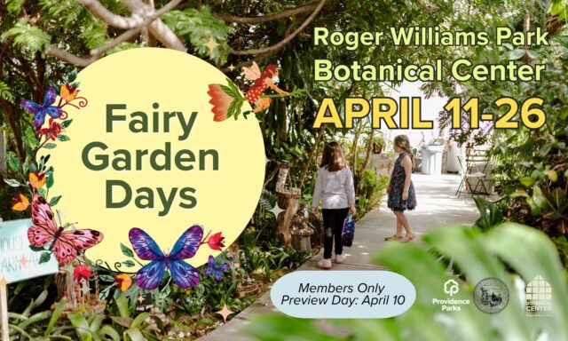 Two children walk through a lush garden path, surrounded by plants and decorative butterflies.
