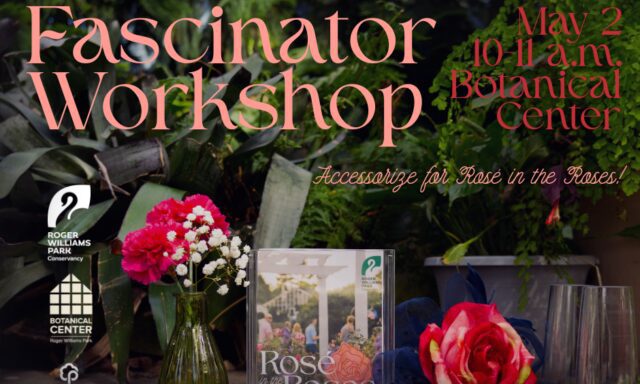 Fascinator workshop announcement with floral decorations and event details for May 2 at the Botanical Center.