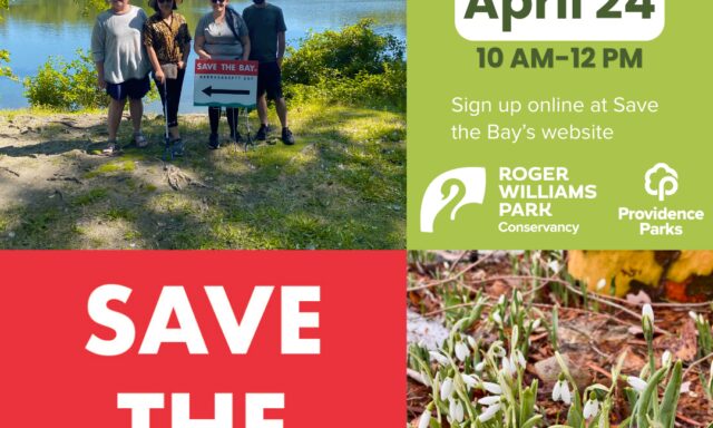 Four people stand by a lake holding a "Save the Bay" sign, promoting a cleanup event. Snowdrops bloom nearby.