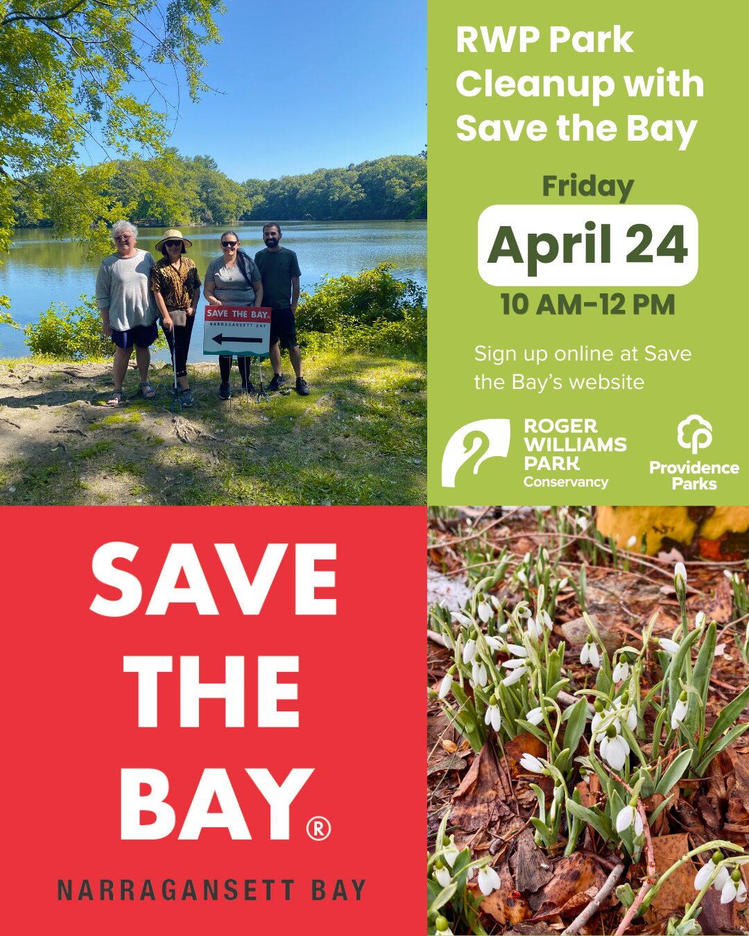 Four people stand by a lake holding a "Save the Bay" sign, promoting a cleanup event. Snowdrops bloom nearby.