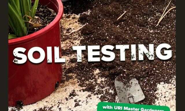 Soil testing event at Roger Williams Park, featuring a red pot, soil, and gardening tools.
