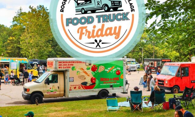 People enjoy food from various food trucks at Roger Williams Park on a sunny day. Families relax on the grass.