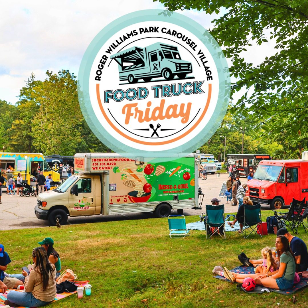 People enjoy food from various food trucks at Roger Williams Park on a sunny day. Families relax on the grass.