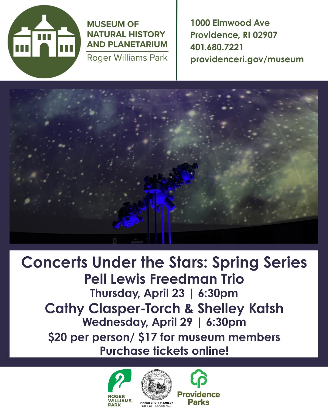 Concerts Under the Stars flyer featuring event details for Pell Lewis Freedman Trio and Cathy Clasper-Torch & Shelley Katsh.