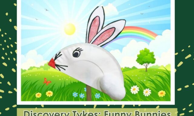 A cartoon rabbit with large ears sits in a colorful landscape with flowers and a rainbow. Event details below.