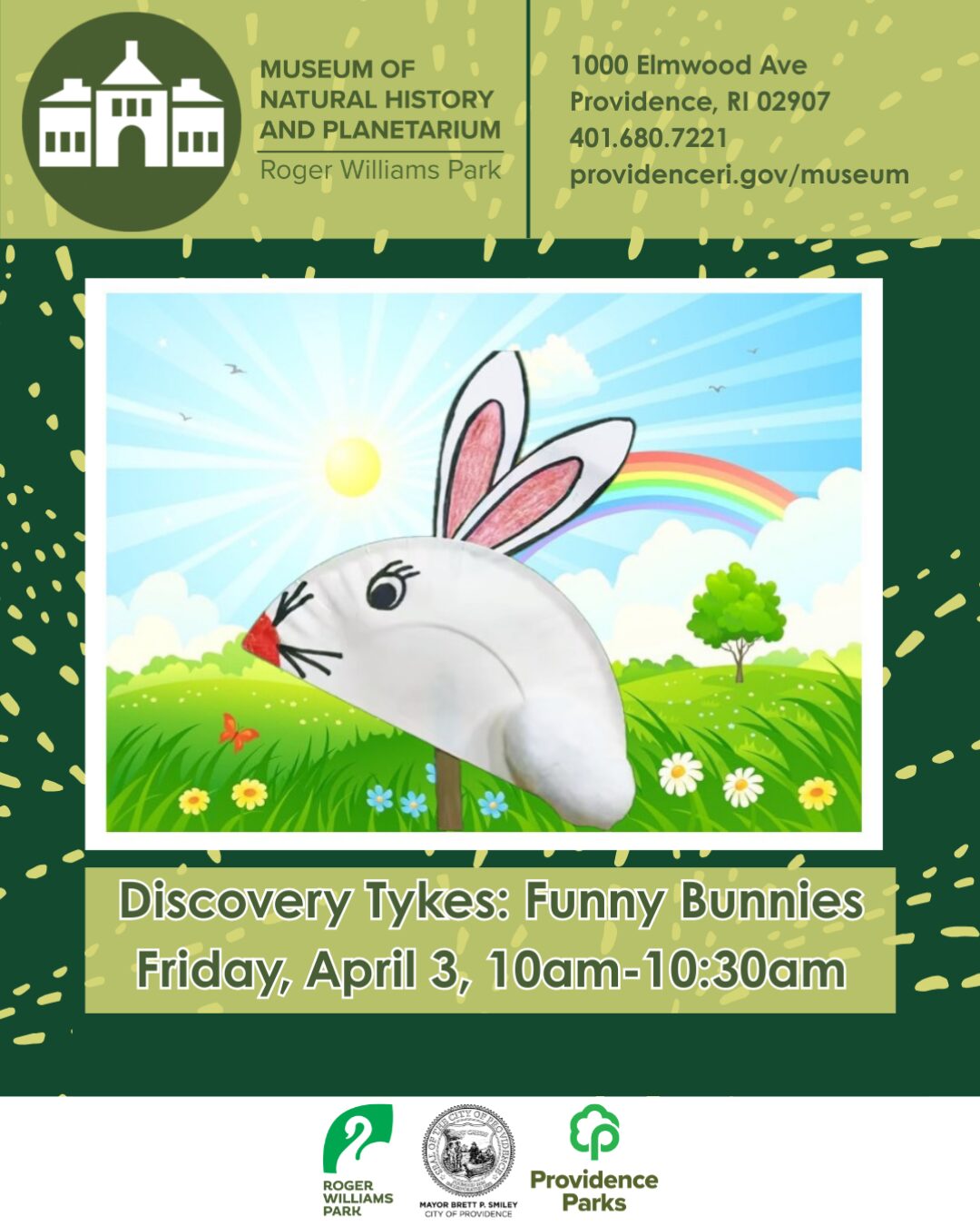 A cartoon rabbit with large ears sits in a colorful landscape with flowers and a rainbow. Event details below.