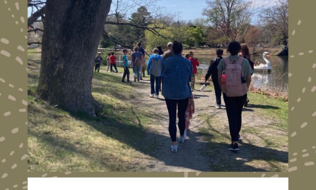 Group of people walking along a path in Roger Williams Park, surrounded by trees and water.